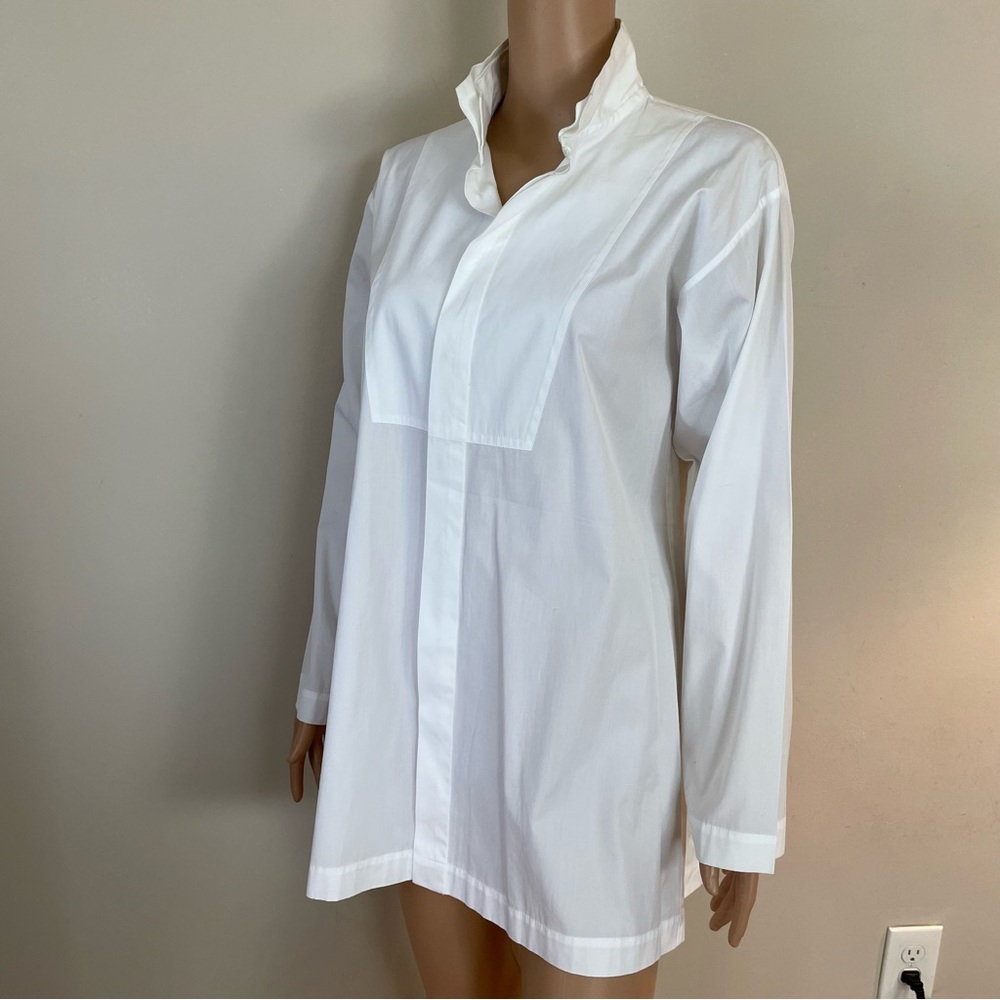 Women's ESKANDER White Cotton SLIM A-Line TWO COLLAR Blouse SHIRT Stepped Insert